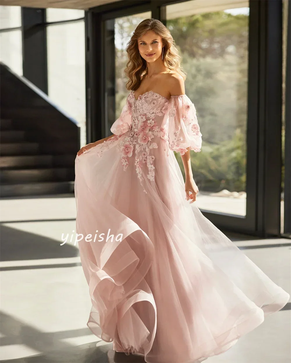 Maßgeschneiderte 3D-Blumen-Applikationen, Organza, Pailletten, Perlenstickerei, gerüscht, Cocktailparty, rosa A-Linie, herzförmiges Anlasskleid, lange Kleider