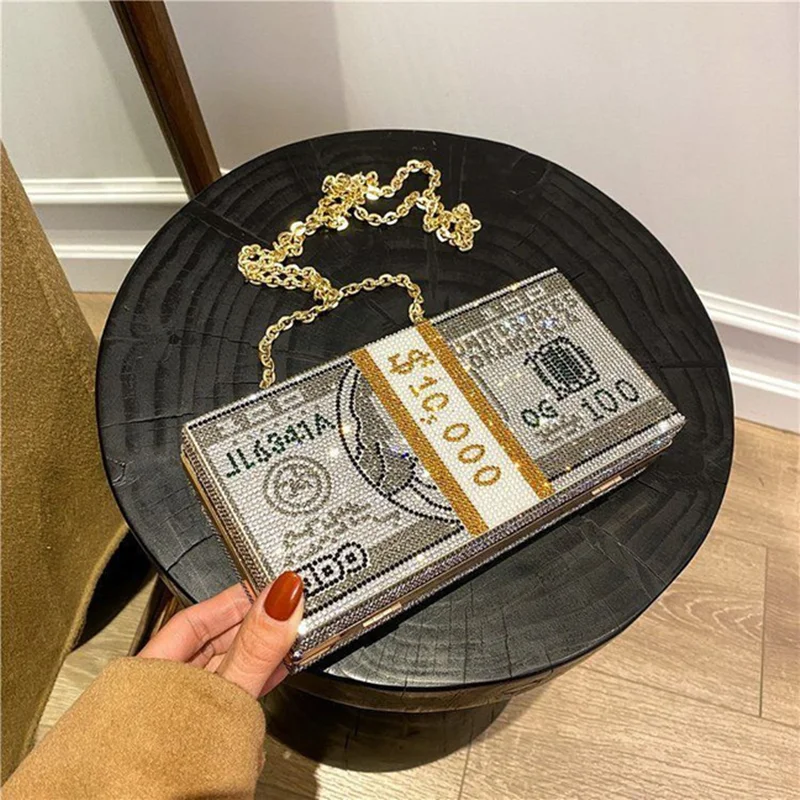 Luxury Money Clutch Rhinestone Purse 10000 Dollars Stack of Cash Evening Handbags Shoulder Wedding Dinner Bags 8 Color Wallet