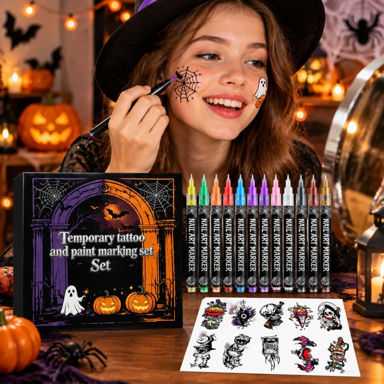 Halloween Temporary Tattoo Body Paint Kit 12Corlors 0.5mm Body Painting Pens DIY Face Body Decoration for Party Cosplay Makeup