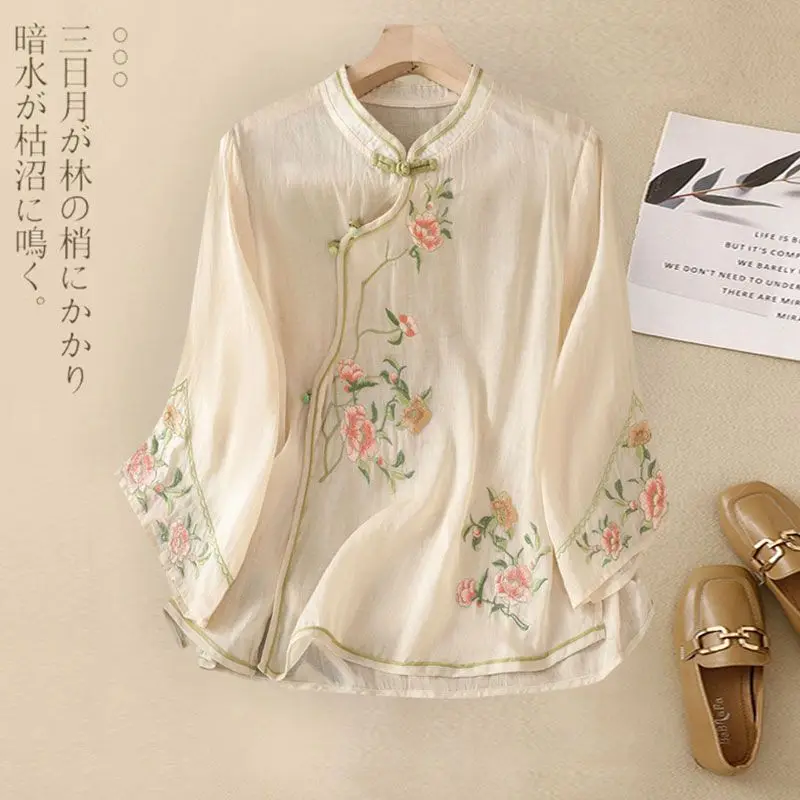 National Style Top Pure Cotton Linen Embroidered Shirt Women Ethnic Style Summer Chinese Style Oblique Placket Buttoned Shirt