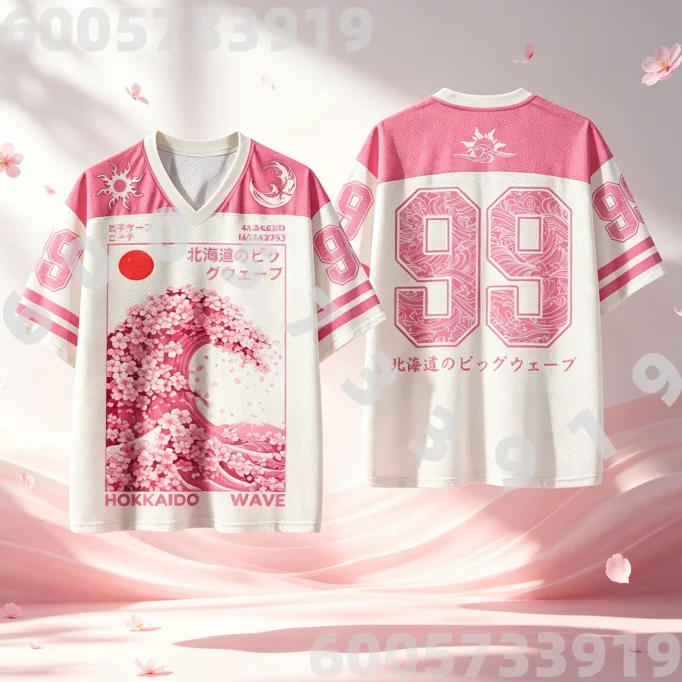 T-shirt col en V style Harajuku Sakura japonais été 2026-27, tendance décontractée Y2K, respirant et à séchage rapide, pour toute la famille et les enfants