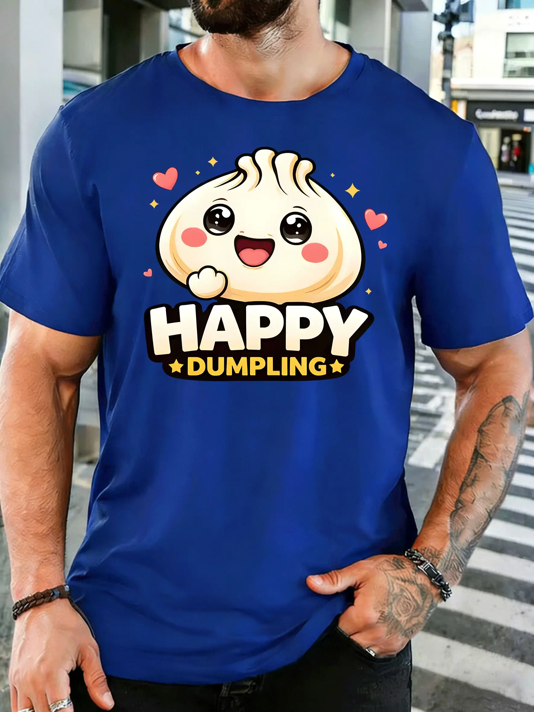 Cute Happy Dumpling Cartoon Mens Front Print T Shirt Lovely Food Graphic Tee Casual Short Sleeve Top Unique Foodie Gift