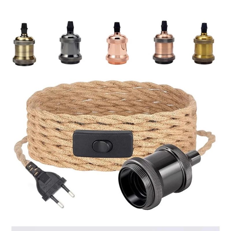 

Винтажный шнур питания 2 м/3 м, подвесные светильники, кабели из пеньковой веревки, держатель лампы E27, вилка европейского стандарта с проводом переключателя