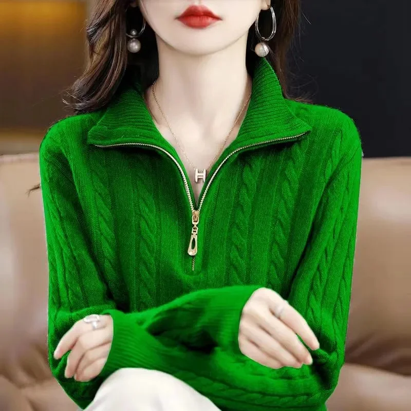 Women\'s Turtleneck Zippers Fashion Women Sweaters Solid Green Blue Pullover Long Sleeve Casual Knitted Sweater Woman Winter