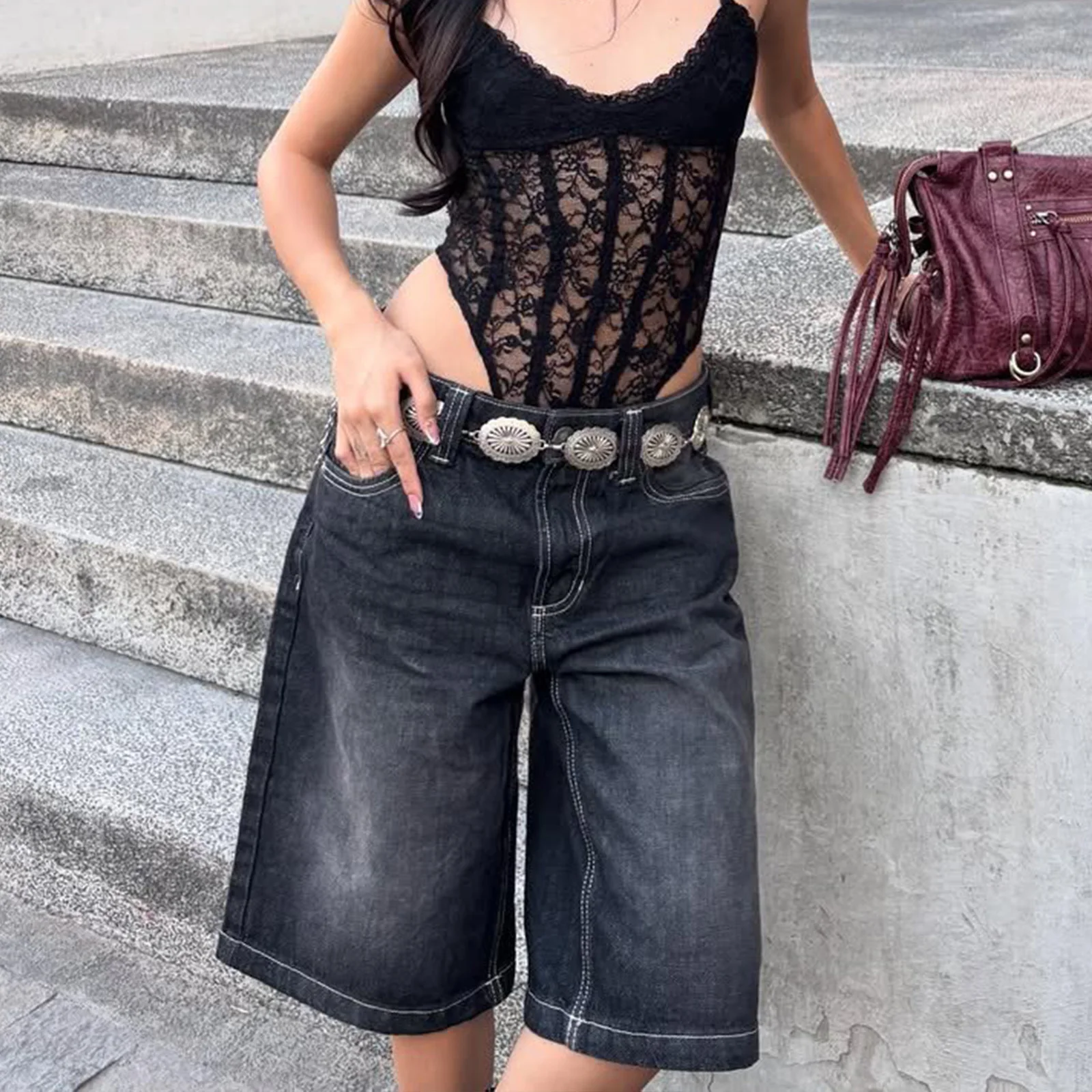 Women y2K Vintage Denim Shorts Casual Vintage Washed Knee Length Jean Short Pants for Vacation Beach Club Streetwear