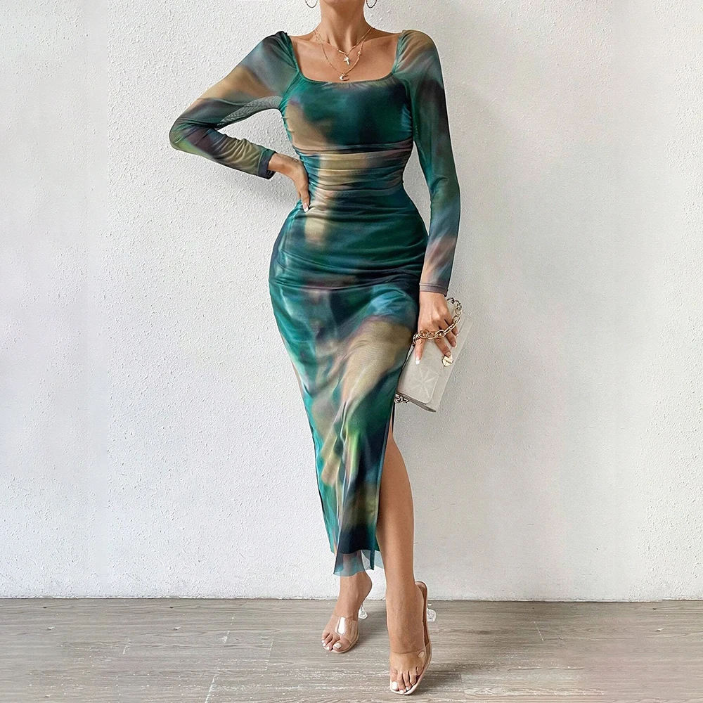 가을 겨울 여성 드레스 패션 슬림핏 그라데이션 롱 슬리브 스쿱넥 맥시 드레스