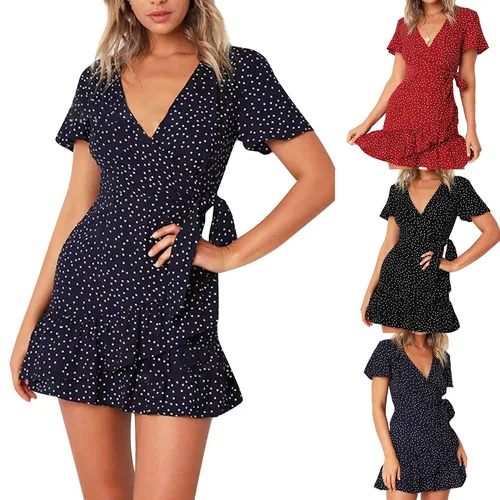 Imagen 2 del producto Vestido de mujer Borgoña de lunares con cuello en V, vestido dulce para mujer, mangas cortas y cintura, ropa bonita para ir al trabajo en verano