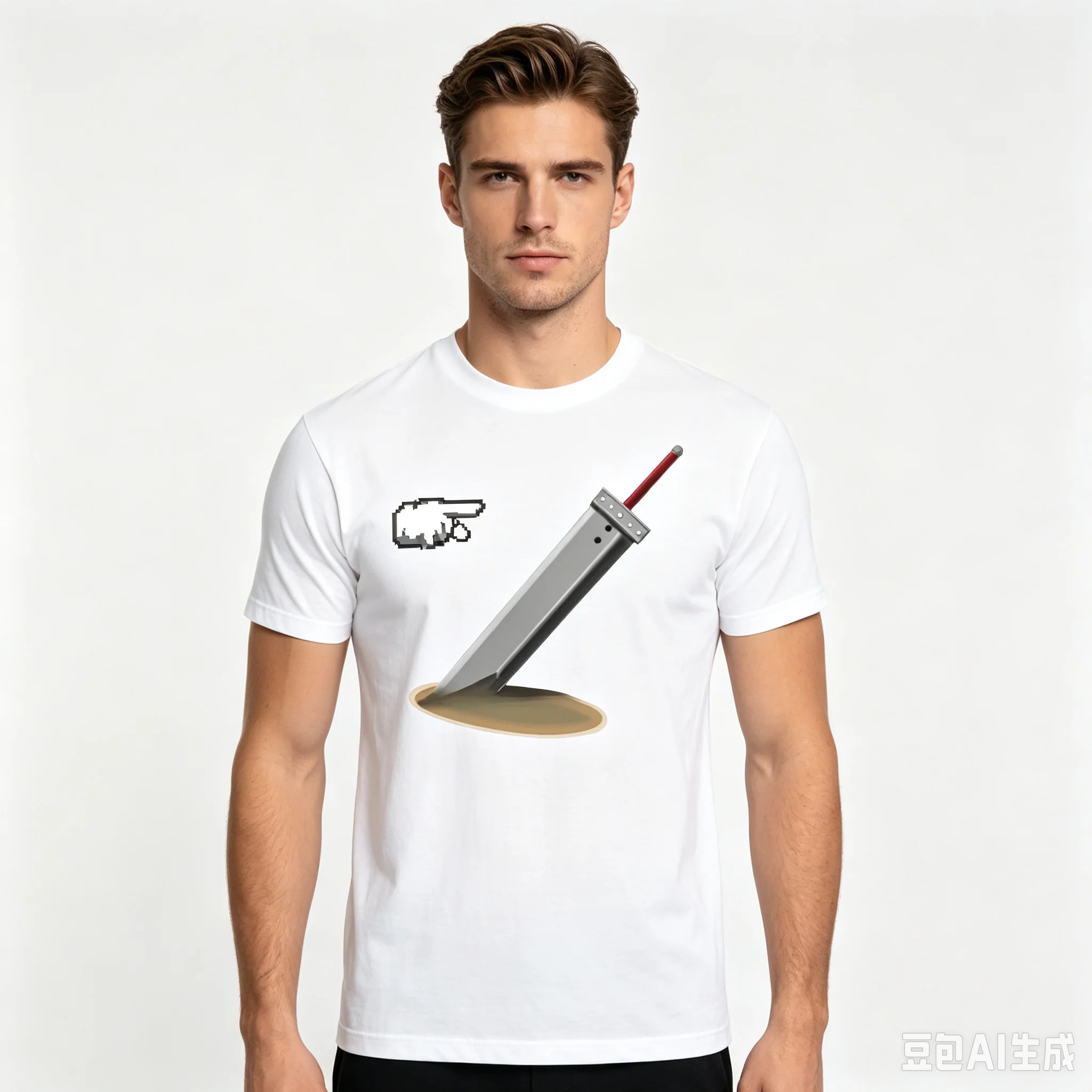 Cotton 100% Men Fantasy Giant Sword Pixel Cursor Graphic T‑Shirt Game Anime Print Short Sleeve Casual Streetwear Tee Tops