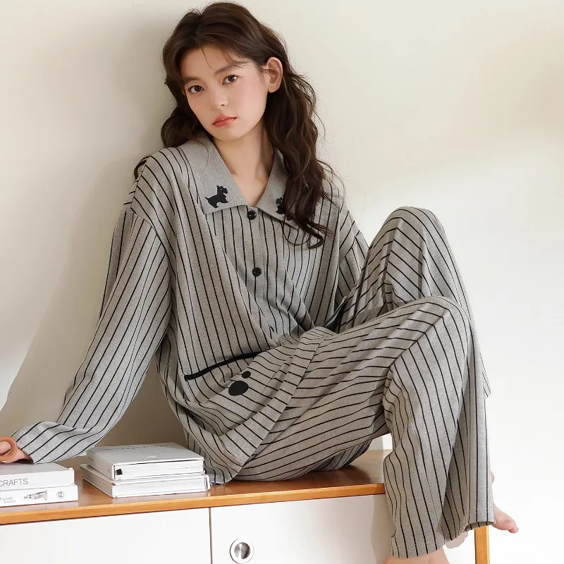 

100% Cotton Long Sleeve Cardigan Pajamas Women Sweet New Fashionable High Quality Loungewear Set Wearable Two Piece Outfit 2XL