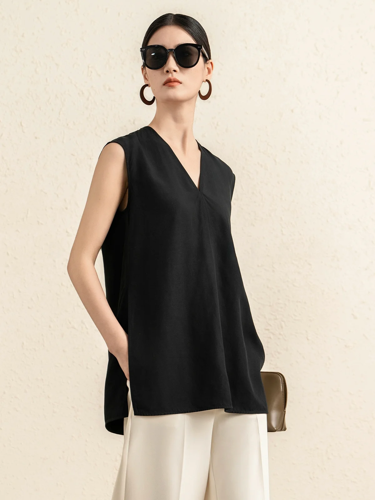 

A Lenzing V-ne Svel irt Casual Sle Bla Mixed Fiber Women's Summer New Faion Loose Fit Pure Color Top