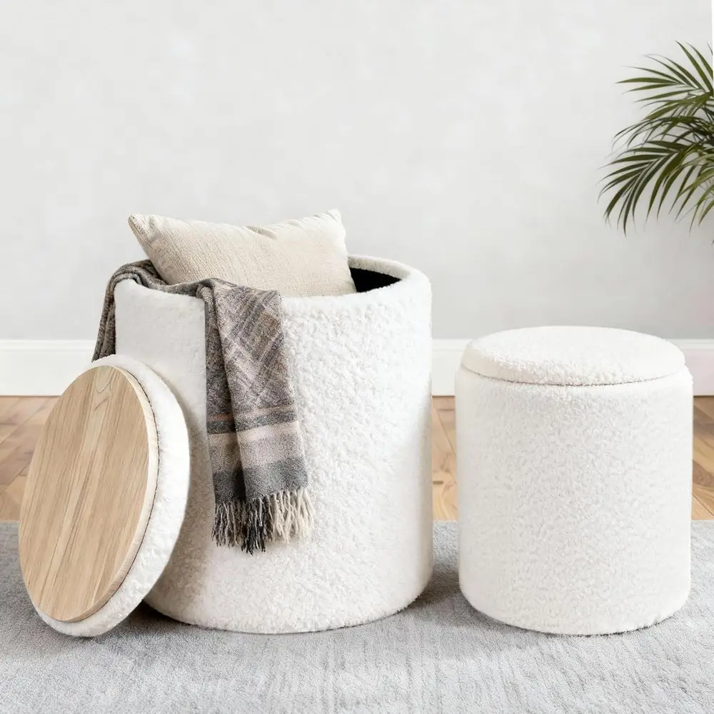 Set o 2 Round Ottoman with Storage, Upholstered Vanity Stool Support 330lbs Multiunctional Coee Table Ottoman Boucle oot Rest St