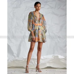 Australian niche retro V-neck large flower print waist-baring long-sleeved short dress for women