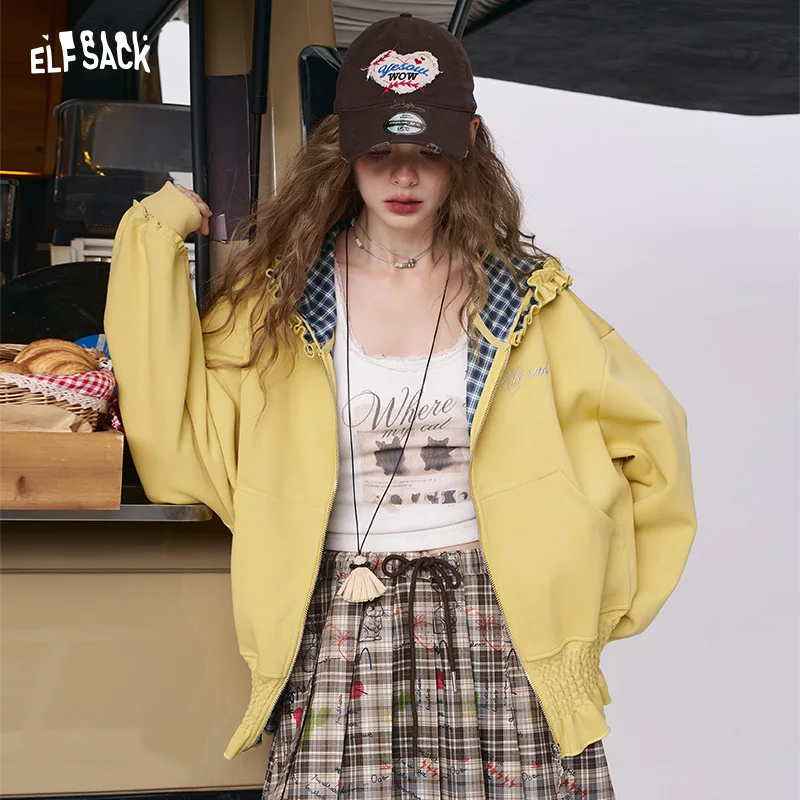 

ELFSACK 2025 Autumn New Arrival Y2K Letter Embroidery Hoodie Jacket Miu Style Academic Coat For Woman
