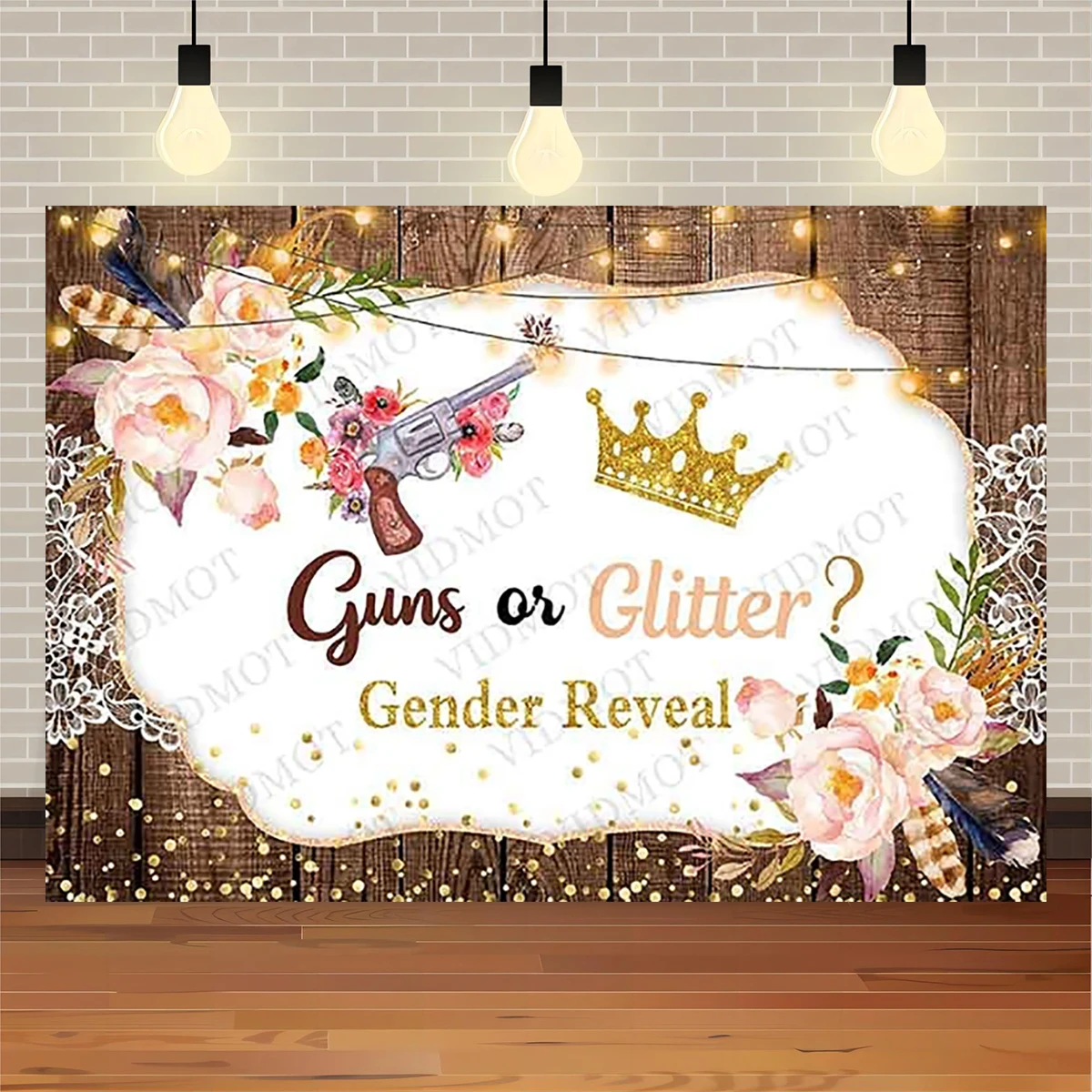 Guns Or Glitter Gender Reveal Backdrop Wooden Style Party Baby Shower Banner for Outside Decorations Supplies She Or He Guess