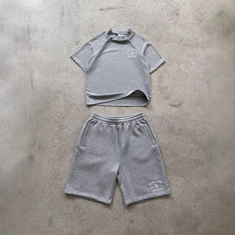 Men Set Y2k Round Neck Short Sleeve Embroidered Jacquard T-shirt Stretch Straight Shorts Suit Trendy Casual Two-piece Set