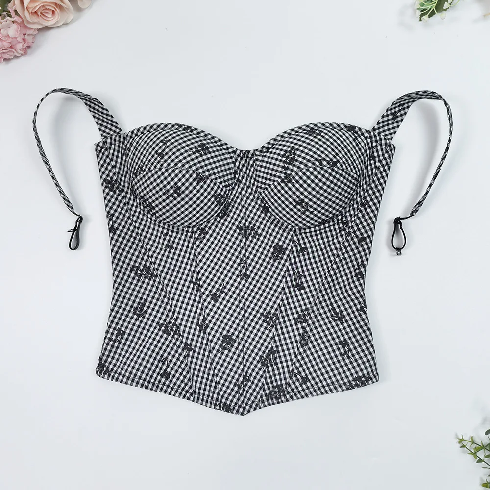 

Retro Plaid Design Shapewear Top Fashionable Versatile Sexy Fishbone Outerwear Knitted Ultra Thin Spring Season Women's Bralette
