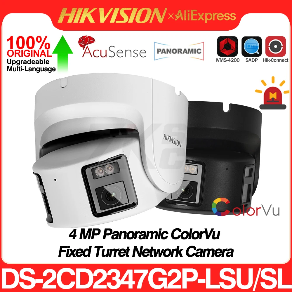 Hikvision-cámara IP DS-2CD2347G2P-LSU/SL, lente Dual panorámica ColorVu, torreta, luz estroboscópica, alarma Audible, Audio bidireccional