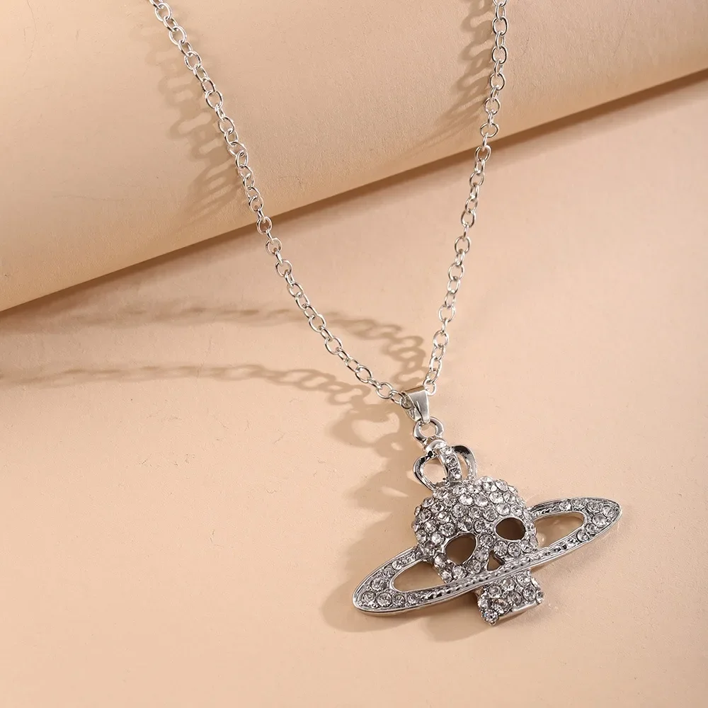 Trendy and Fashionable Rhinestone Skull Cross Saturn Couple Pendant Necklace for Women and Men Versatile New Street Jewelry