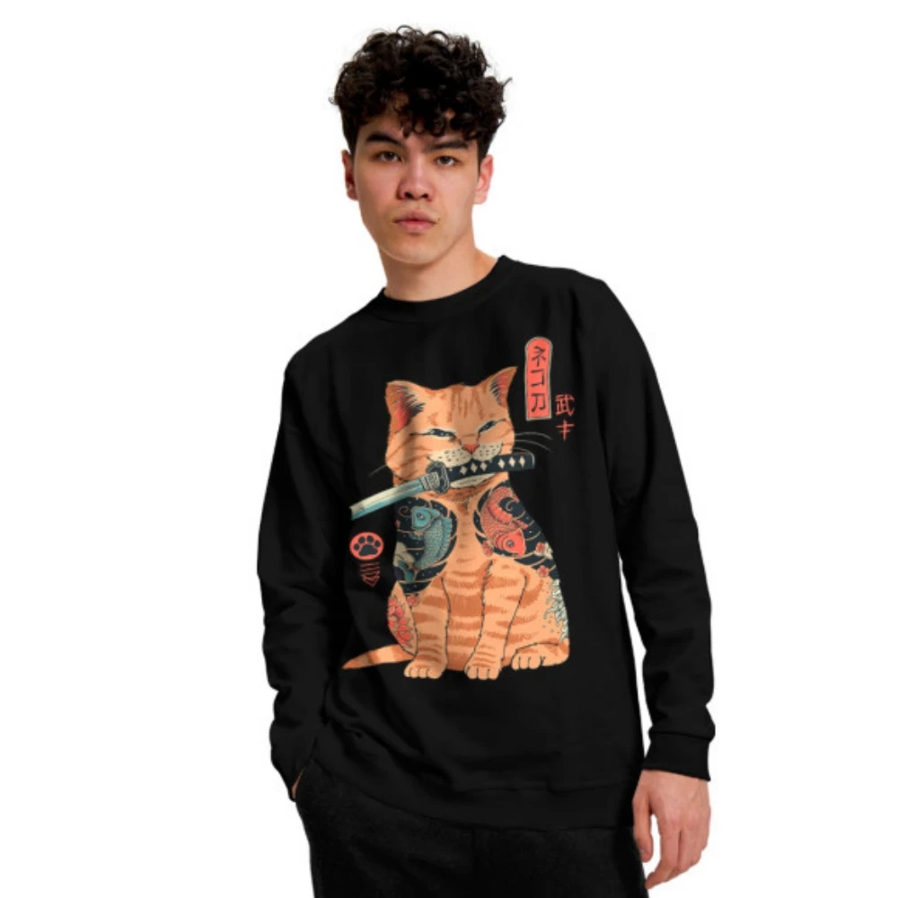 Samurai Cat Printed Men's Sweatshirt Autumn Fashion Men Women Hoodie Pullover Oversized Hoodies Men Clothing Long Sleeve T-Shirt