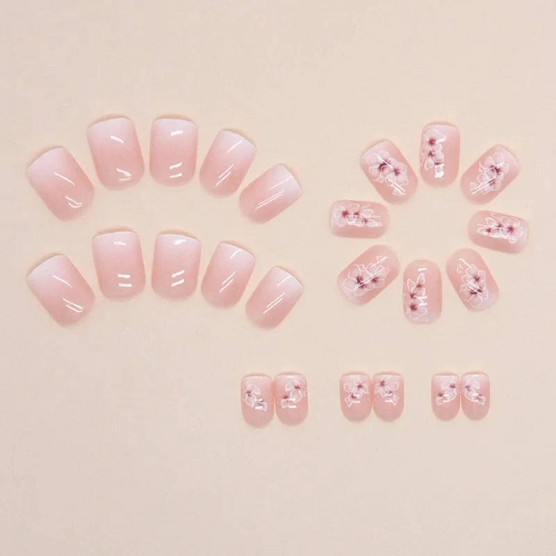 24 piezas de uñas cortas con diseño francés simple y degradado de flores, incluye pegamento de gel y lima 2