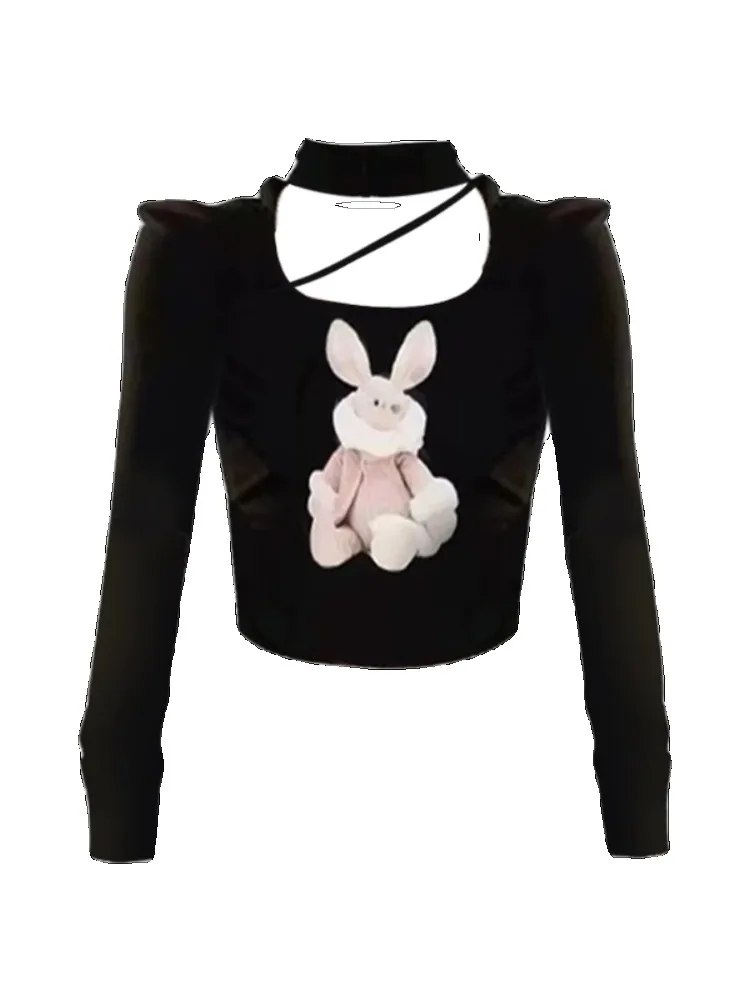 

Y2k Kawaii Cartoon Rabbits Patchwork Halter Women Sweaters Square Collar Long Sleeve Pullovers Sweet Chic Fashion Jumpers