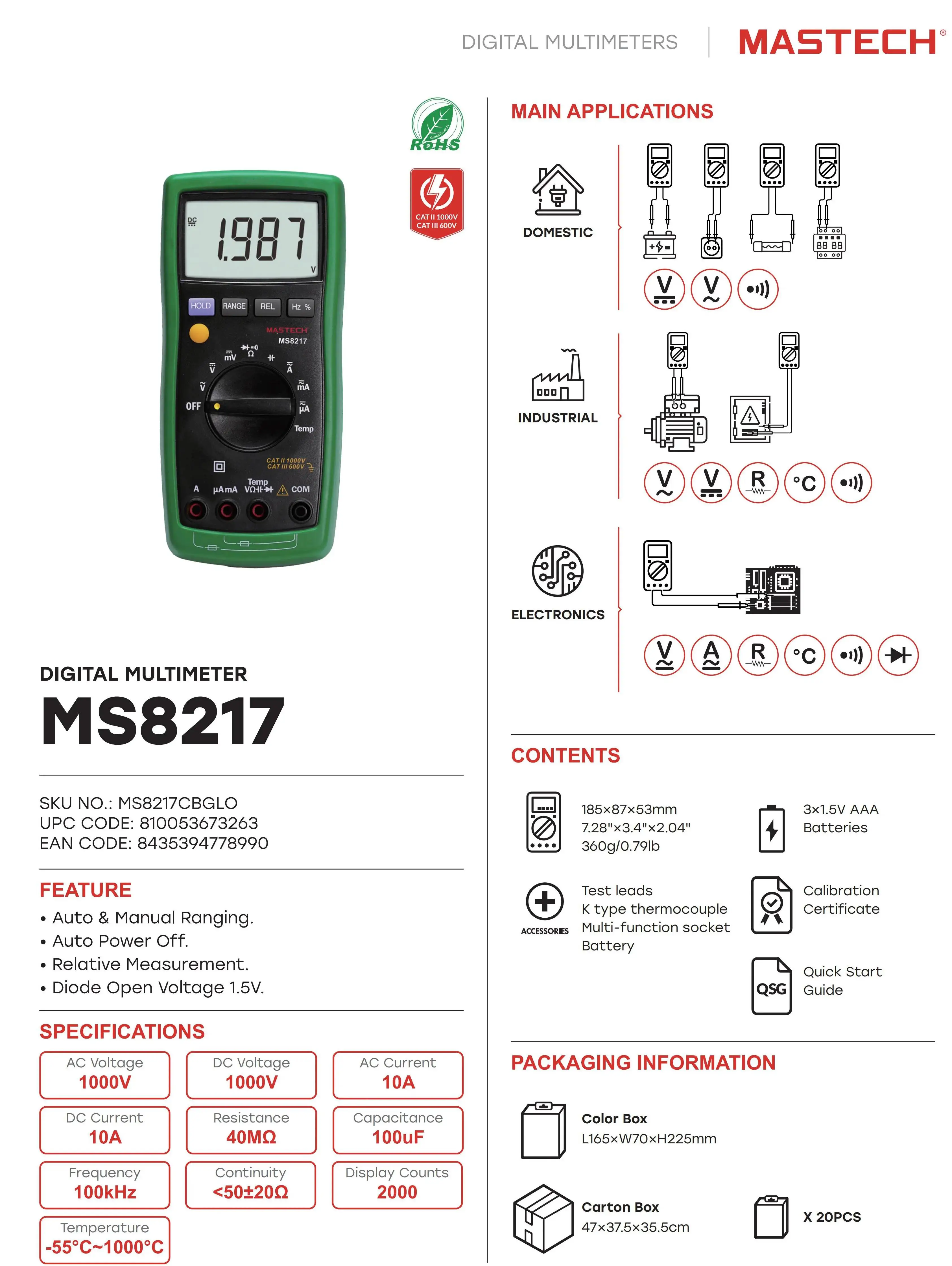 Mastech MS8217 Multimetr cyfrowy Miernik napięcia AC/DC AC/DC Rezystancja prądu Tester pojemności z pomiarem temperatury