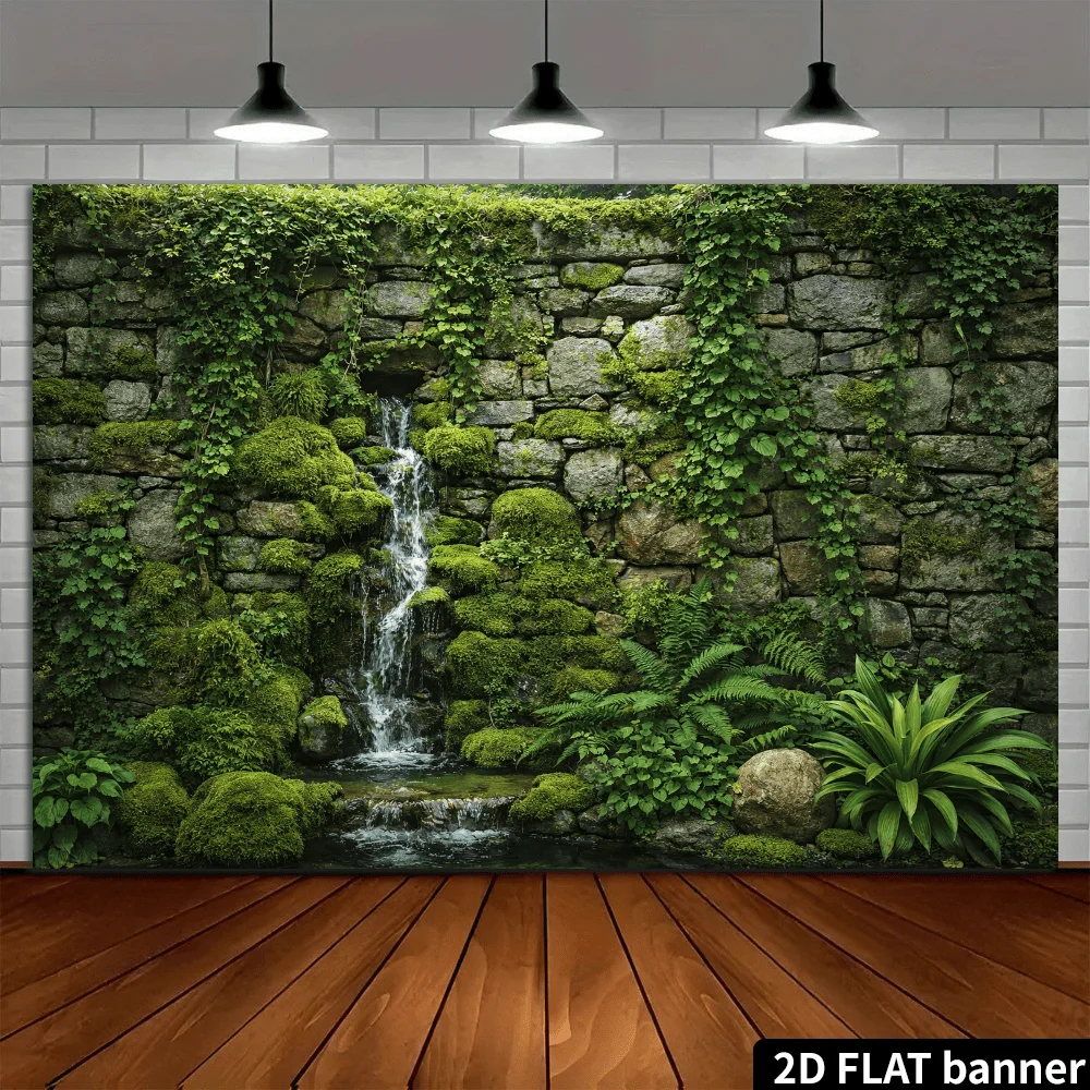 2D planarer Hintergrundstoff für Hoflandschaften mit Wasserfallwand – üppig grüne Steinmauer, bedeckt mit Kletterpflanzen – Detail 4