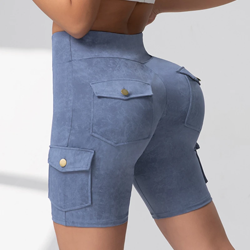 Lavado impressão bolso de trabalho shorts femininos levantamento de bunda fitness calças de 5 portas elástico fino 2025 novo 5 cores moda ciclismo shorts