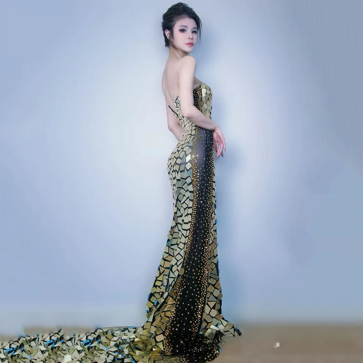

Elegant Golden Irregular Sequined Top Mopping Black Gold Long Dress High-end Slim Engagement Banquet Evening Wedding Dress