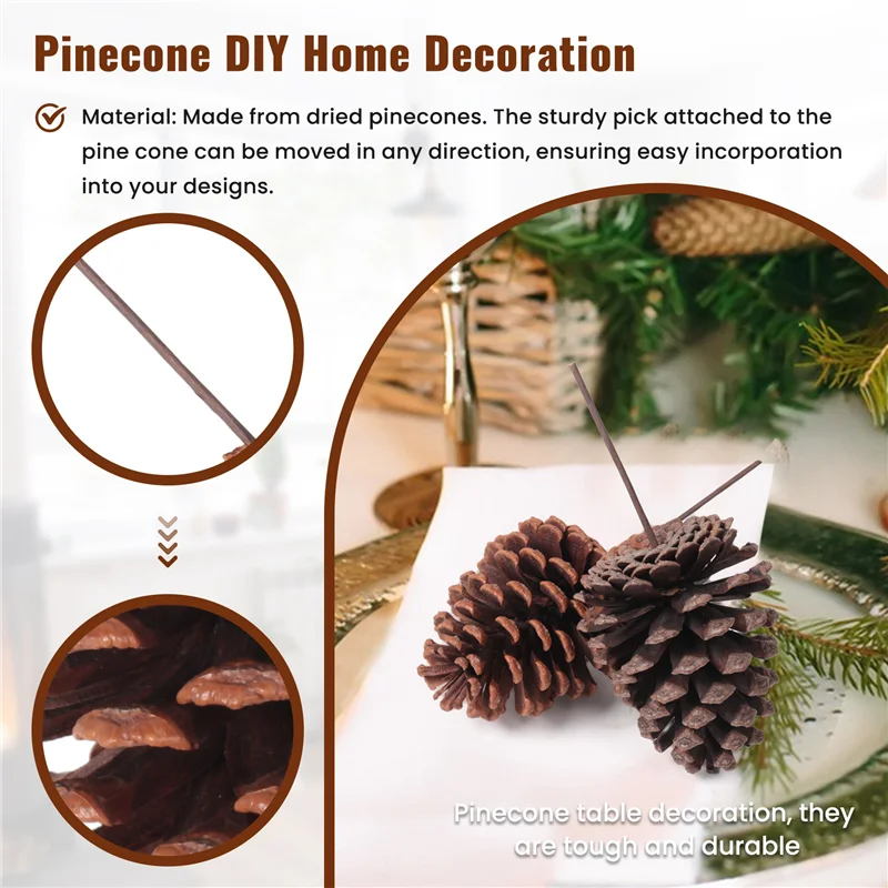 A18E-12 szt. Naturalne szyszki sosnowe, świąteczne sprayy z szyszkami, średnie szyszki z drucianymi łodygami, wysokość 21 cm, na Boże Narodzenie