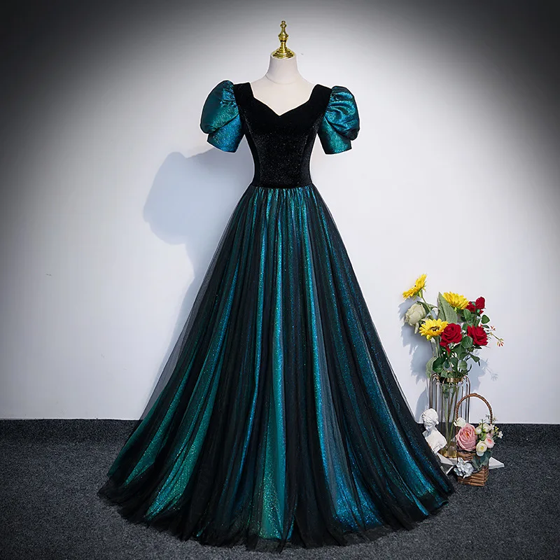 Customized Exquisite Luxury Shinny Puff Sleeve Formal Evening Prom Dresses High End Slim Fit A-line Elegant Gown Constrast Desig