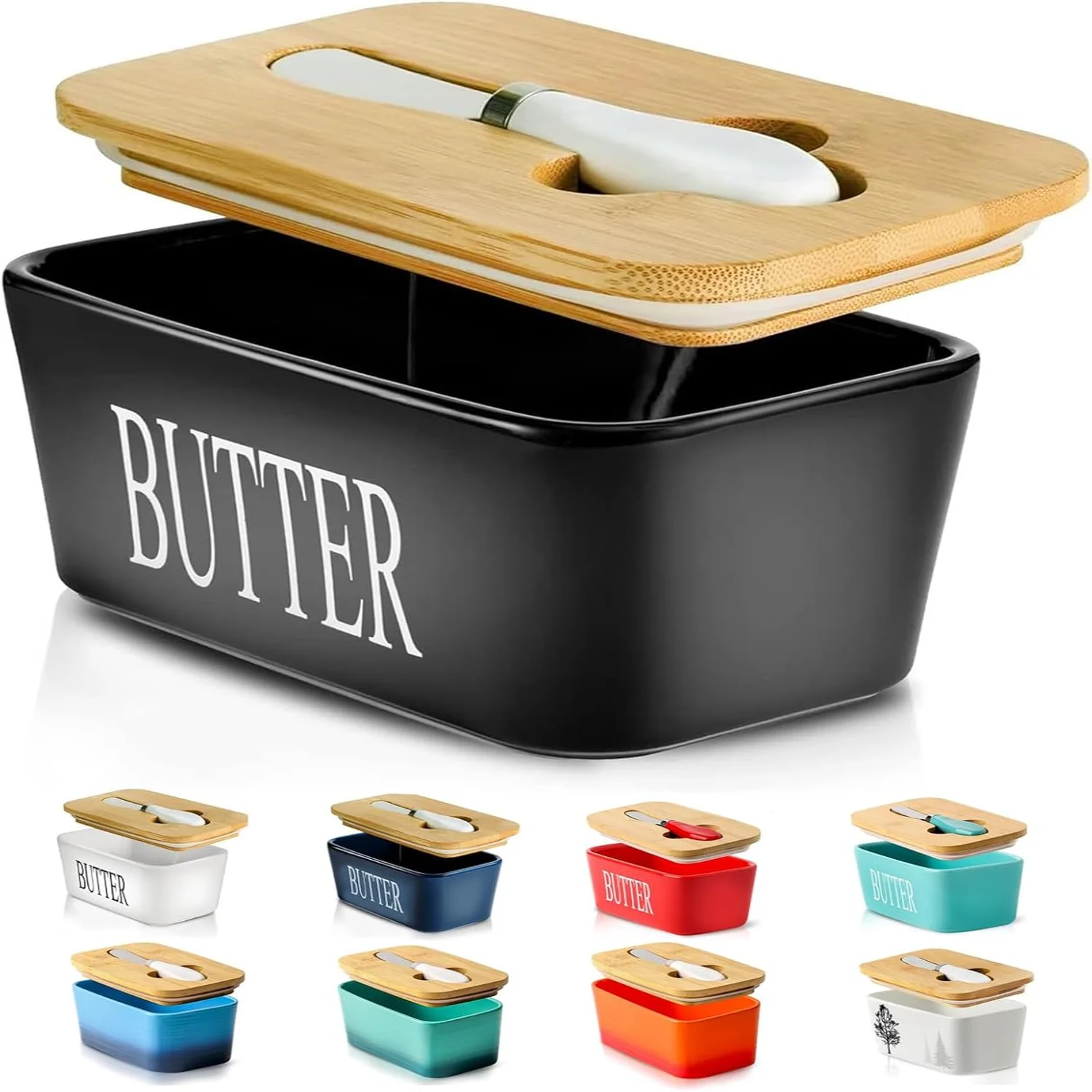 Butter  with Lid, Ceramic Butter  with  for Countertop, Airtight Covered Butter  Container, Large Black Butter Holder for Refrig