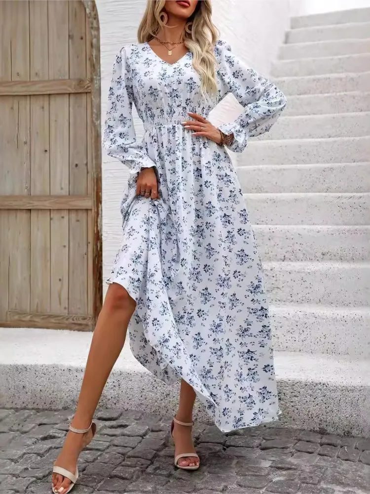 Vestido largo con estampado Floral para mujer, prenda de manga larga con cintura ajustada, holgada, plisada, con volantes y cuello en V, para otoño