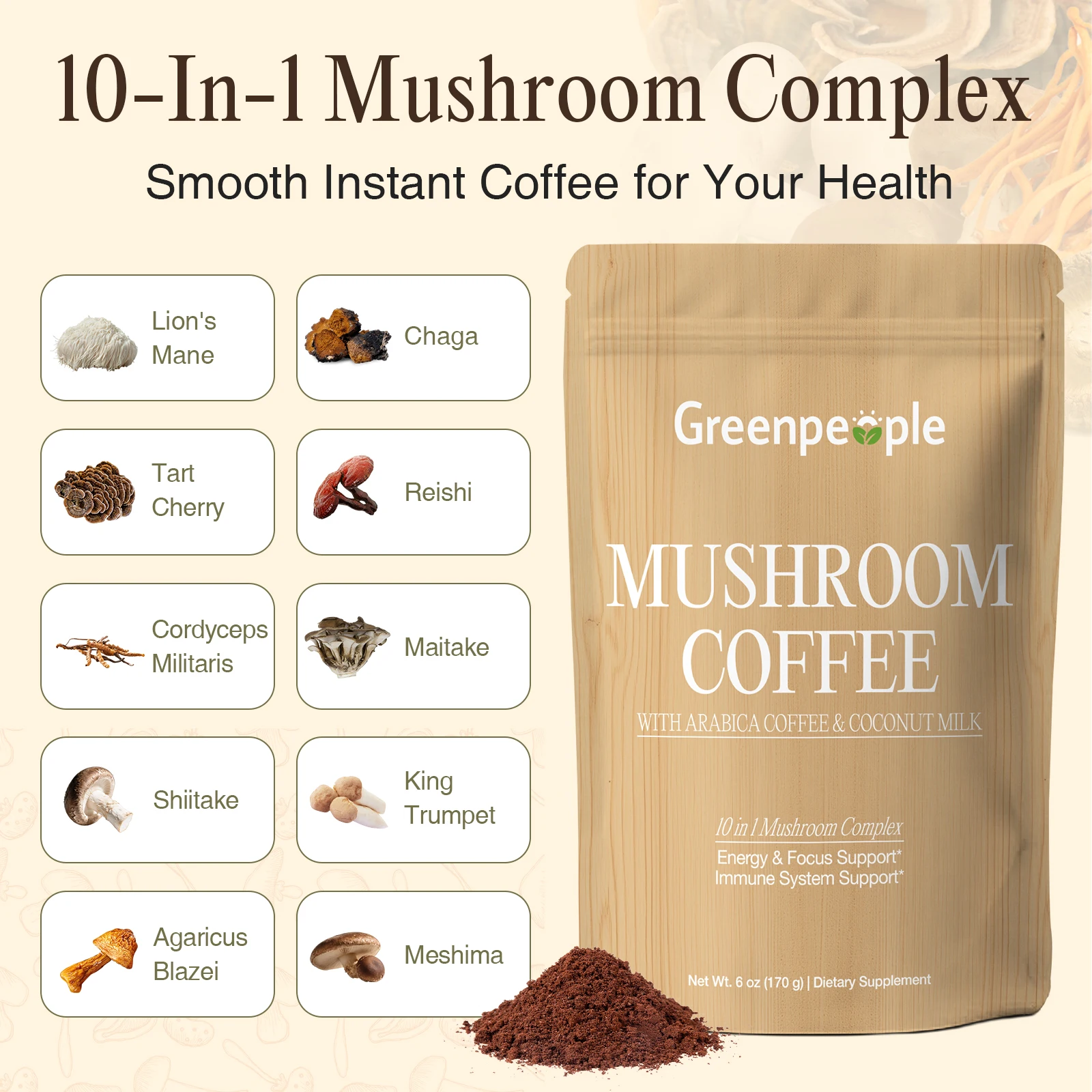 GreenPeople Mushroom Complex Coffee Lion’s Mane,Reishi,Chaga,Cordyceps Militaris Energy & Focus Support Immune System Support