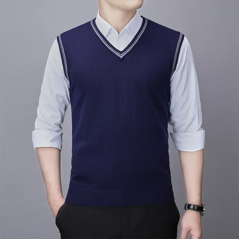 Mens Sweater Vest Korean Fashion Elderly V-neck Sleeveless Vest Neckline Striped Wool Sweater Men Clothing