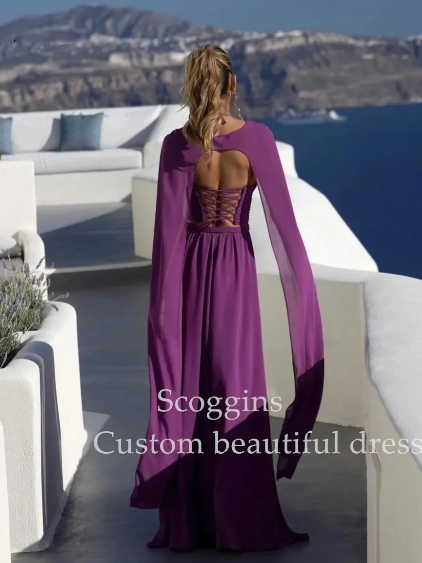 Scoggins Elegante Vintage Sexy Dress, Simples roxo Ruffle Cape, Fita personalizada, Ocasião formal, Vestido de formatura, Vestidos de festa