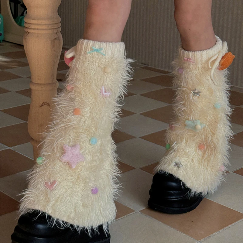 

Women Winter Fuzzy Leg Warmers Cute Stars Knee High Socks Aesthetic Boot Cuffs for Streetwear Clothes Accessories