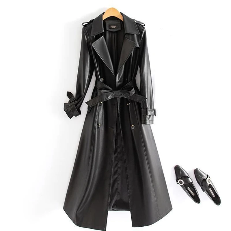 M-6XL Women\'s Long Sheepskin Trench Coat 2024 New Black Double Breasted Lace-up Belt Chic Lady Real Split Sheep Leather Outwear