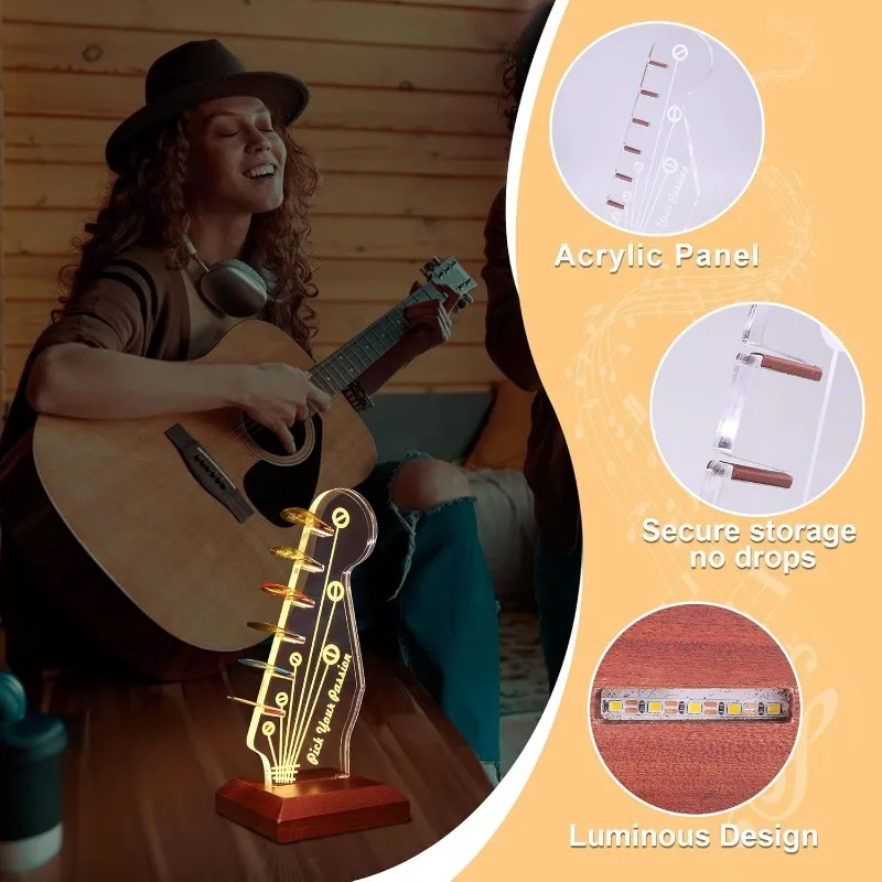 ﻿ Light Up Guitar Pick Holder LED Headstock Shaped Wooden Acrylic Holder USB Powered for Guitar Pick Storage Guitar Accessories