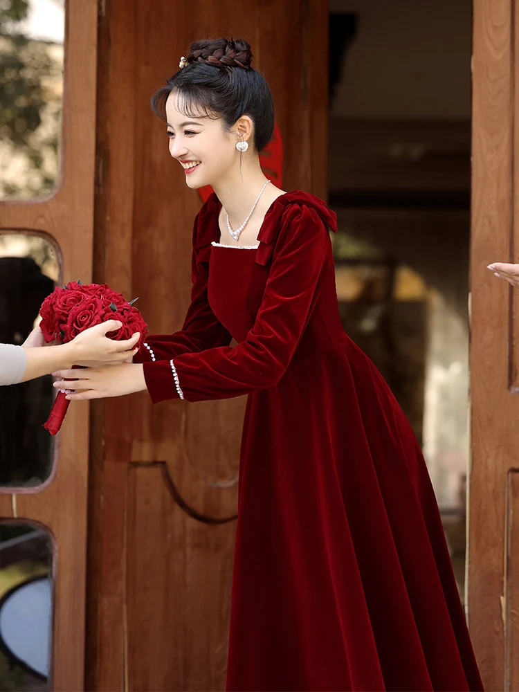 

Materni Wedding Dr Velvet Red Winter Bridal Gown Engagement Par Wear plus Size Beautiful Women Ele Simple High Waist