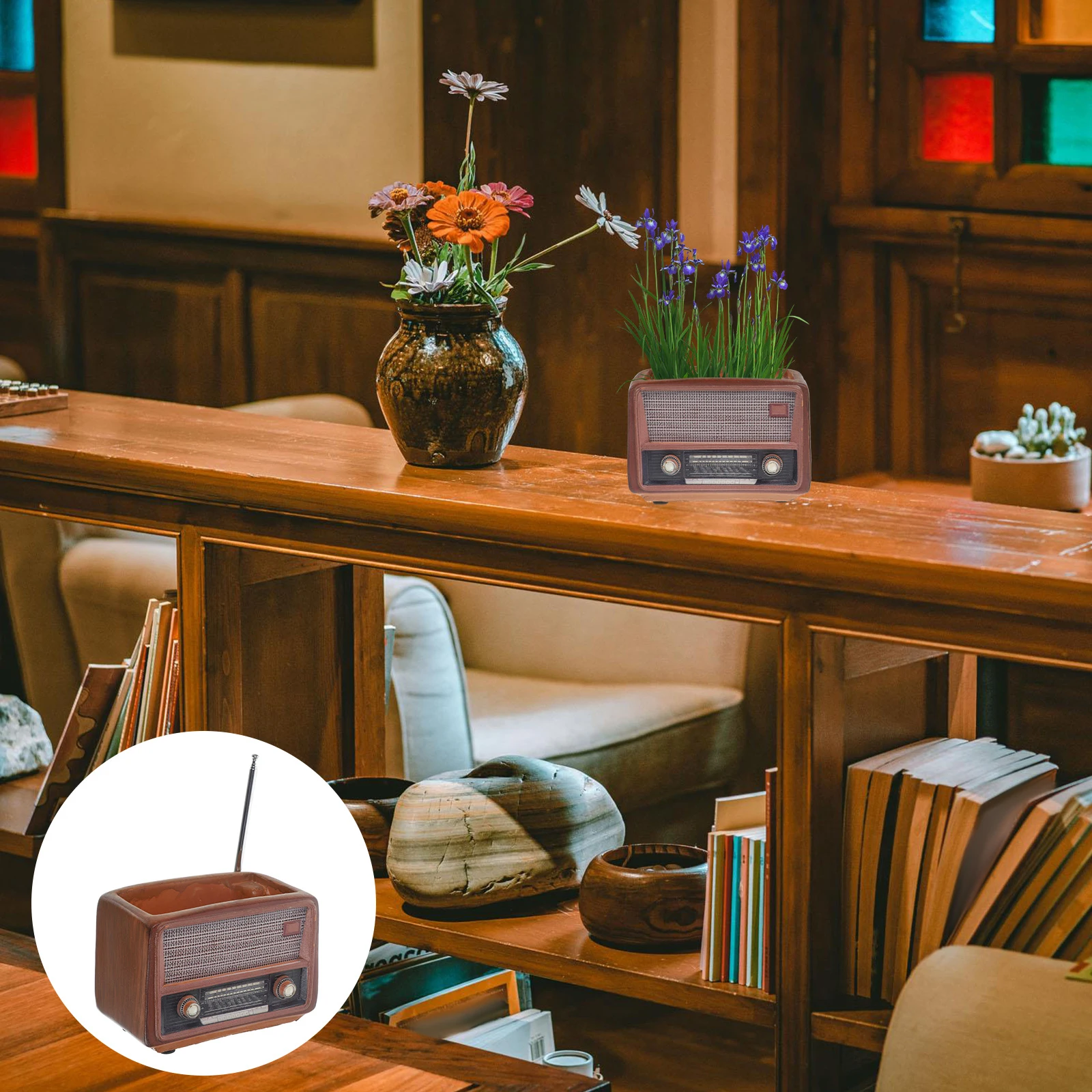 

Resin Flowerpot Brown Retro Radio Shaped for Succulents Small Plants Indoor Decor Container Vase Desk Table Bookshelf