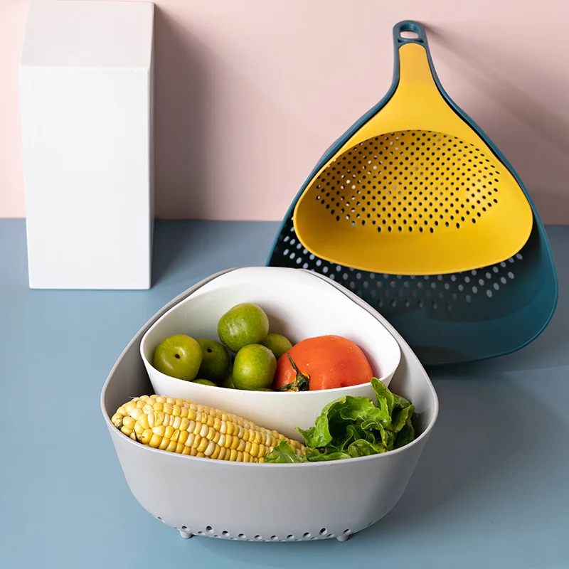 Hand‑held Double‑layer Colander Fruit Bowl, Creative Hollow‑out Plastic Basin for Kitchen Vegetable Washing Household Use