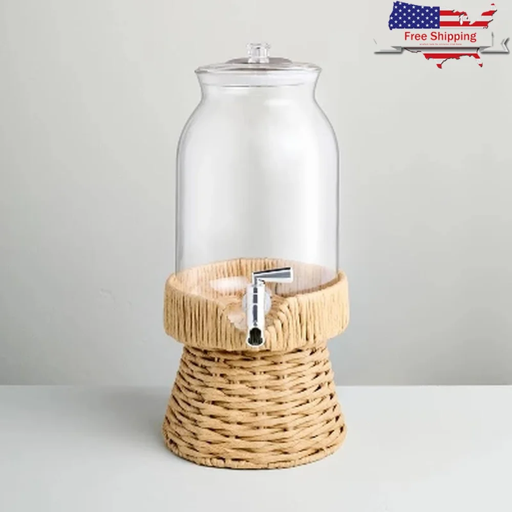 

7L Clear Glass Drink Dispenser with Woven Stand BPA-Free Rustic Cold Beverage Server Parties BBQs Events