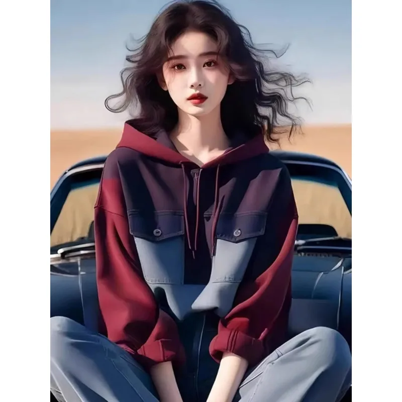 

Женская красная толстовка с капюшоном, лоскутная, с длинным рукавом, повседневная