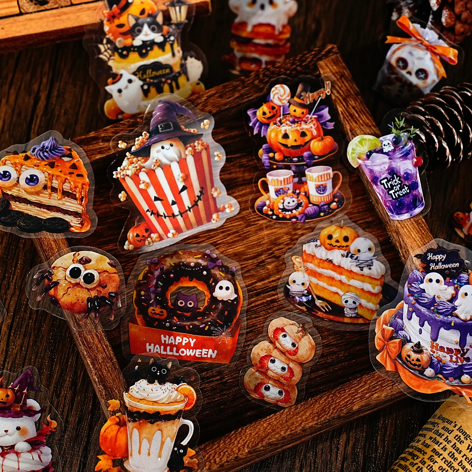 15 Stück Halloween Essen Cartoon süßes Muster Aufkleber Pack DIY Dekoration für Laptops, Handyhüllen, Gepäck, Fotoalben, Geburtstagsgeschenke, Spielzeugaufkleber, Partydekorationen