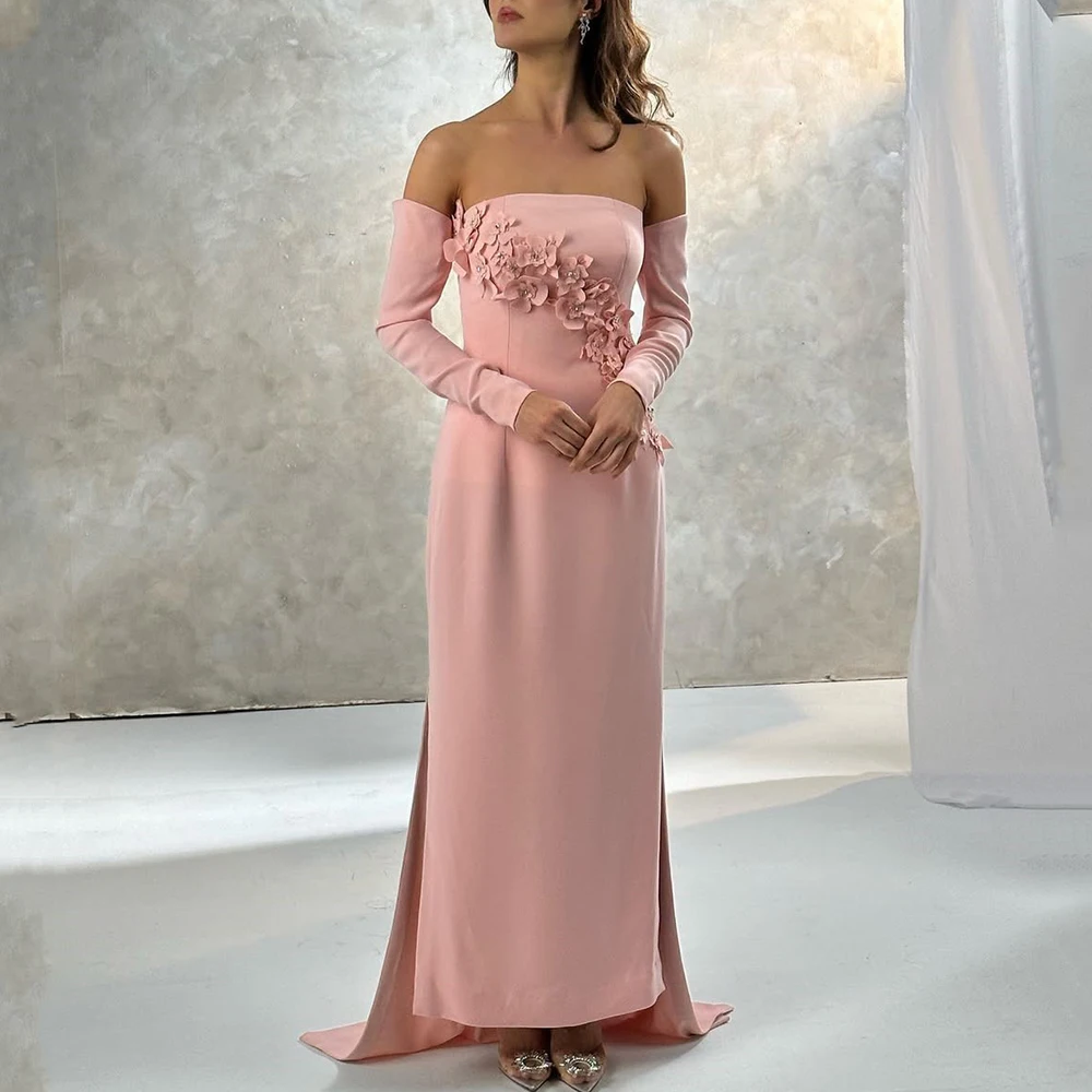 

Pink Strapless Straight Evening Dress with 3D Flowers Jersey Floor Length Sweep Train Off the Shoulder Customized Party Gowns