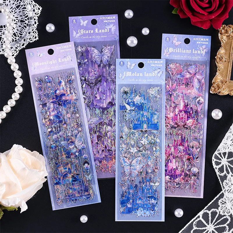 Castle in the Sky Holographic PET Die‑Cut Sticker Pack, Aesthetic Journal Scrapbooking Planner Decals for DIY Craft Projects
