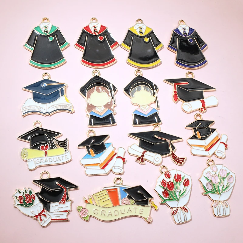 10Pcs Enamel Graduation Flower Hat Charms Pendant for Necklaces Earrings DIY Jewelry Making Decorations Accessories Findings image 2