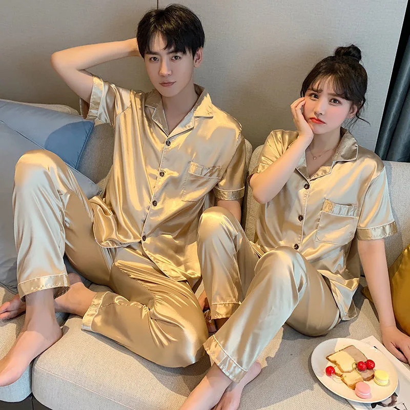 Summer ins Style Couple Ice Silk Pajamas Sets Women and Men Matching Solid Color Home Clothing Youth Students Sleepwear Pijima