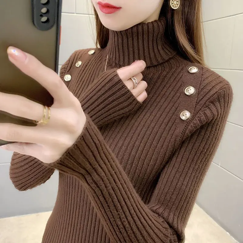 High Neck Sweater Women\'s Button Knit Sweater Bottom Layerin Ner Layer 2024 Autumn Winter New Style Slim Fit Black Thick Stylish